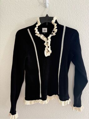 CAbi Black Sweater with Cream Ruffle Trim